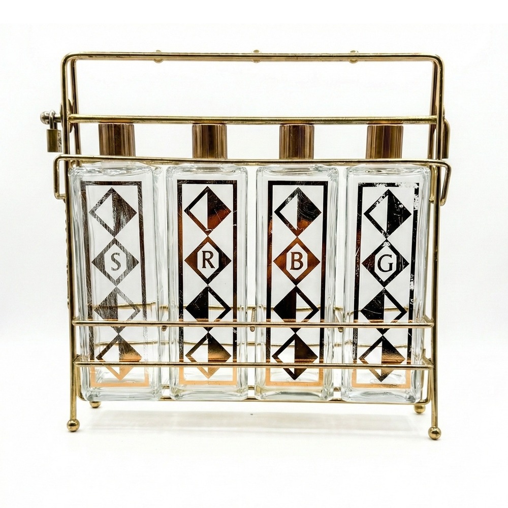 VTG MCM Walsco Mid Century Locking Bar Caddy 11" Brass Glass Tantalus 4 Decanter
